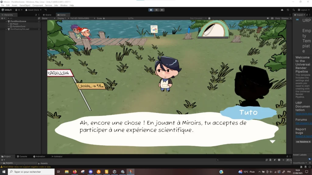 cran du jeu Miroirs avec un personnage et des choix de dialogue