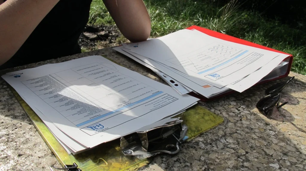 Dernière étape du volet écologie, formalisation des observations ! Des documents d'étude disposés sur une table en perre en extérieur